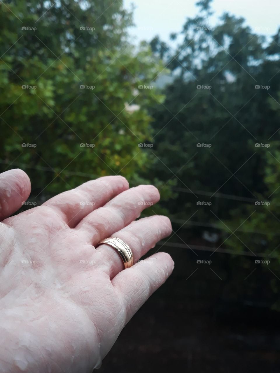 Mão feminina molhada da chuva.