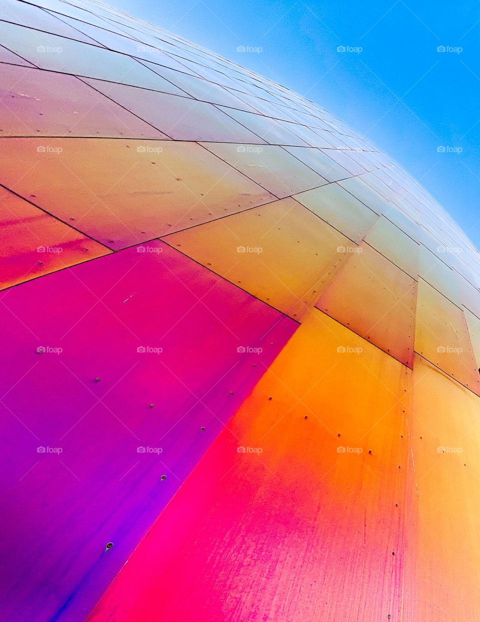 Colorful metal sheet siding exterior in the iconic, bold, and creative architecture of Seattle’s Museum of Pop Culture (MoPop)