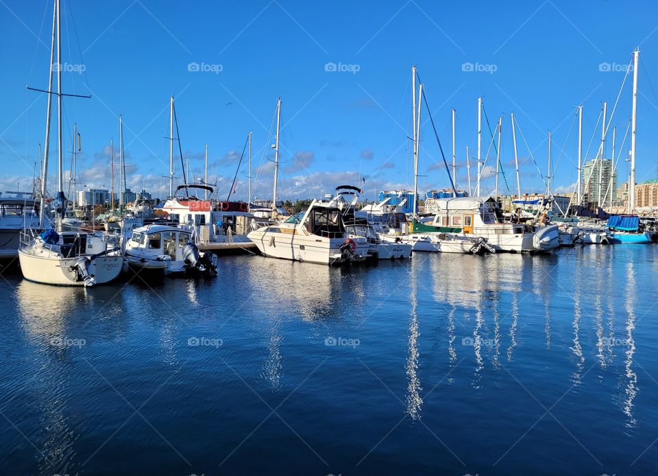 Seeing a reflection of boats in the ocean, Harbour on fishermans wharf in Victoria, British Columbia, Canada. Bright, clear, blue sky and sun shining on many white colored boats.