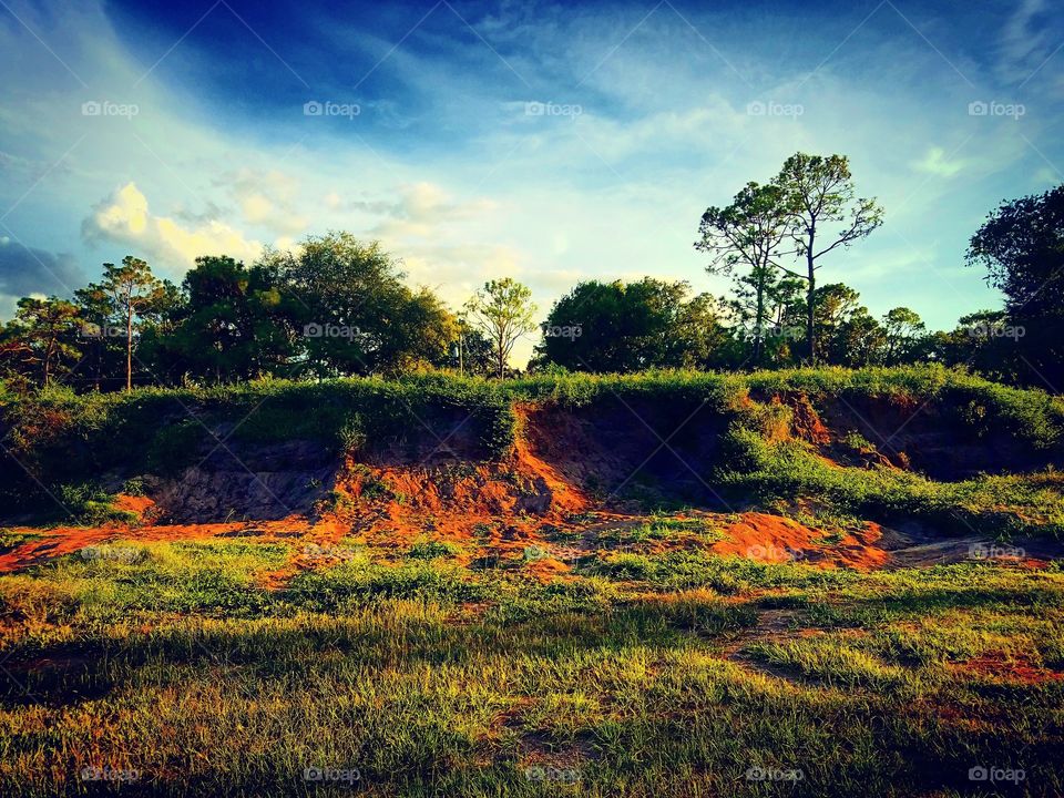 A hill dug out at the park on a beautiful summer day