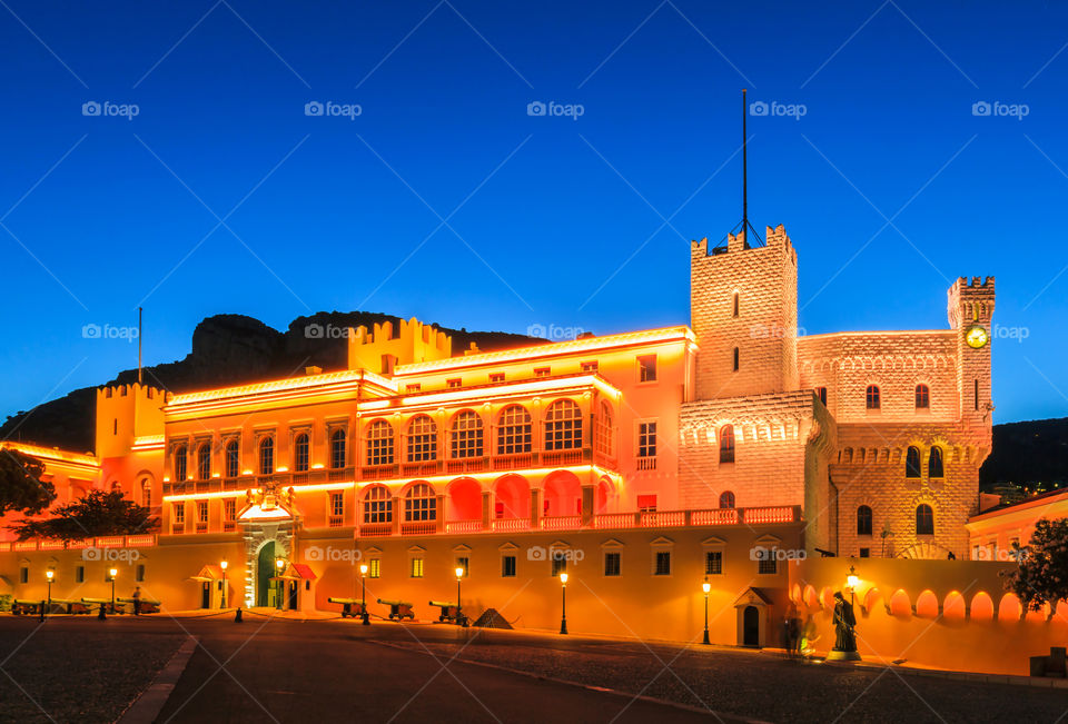 Prince's palace of Monaco. Prince's palace of Monaco by night with twilight sky in Monte Carlo