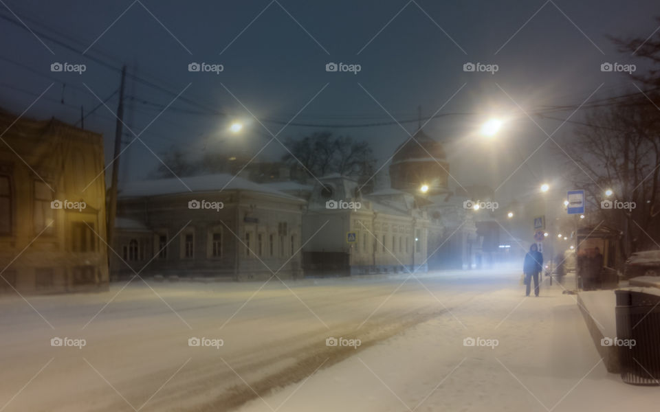 Snow and windy historical street.  Novokuznetskaya street, Moscow, Russia