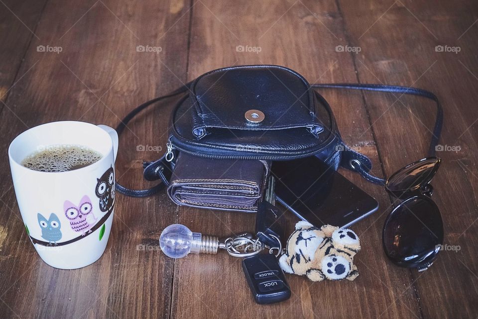 Keys, coffee and handbag