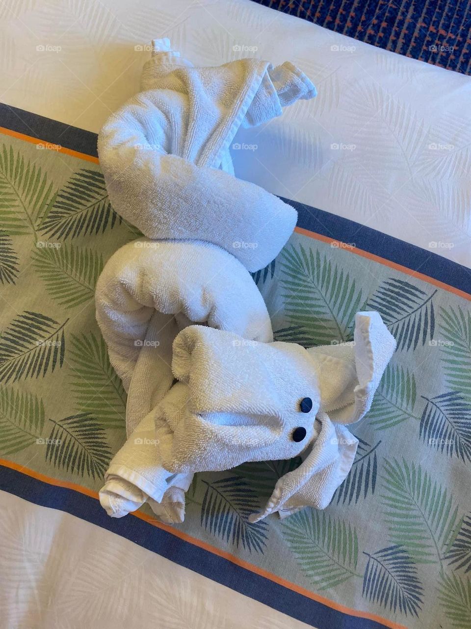 A fog is made of towels on a cruise ship. Towel art is a fun way to be welcomed back to one’s room. 