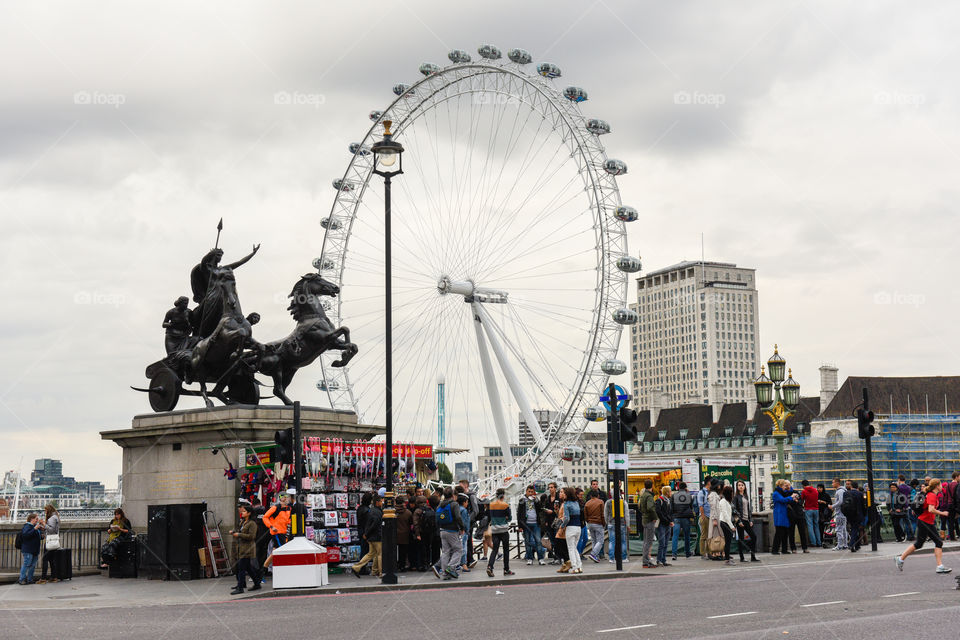 View over London Eye at Westminister bridge in London.