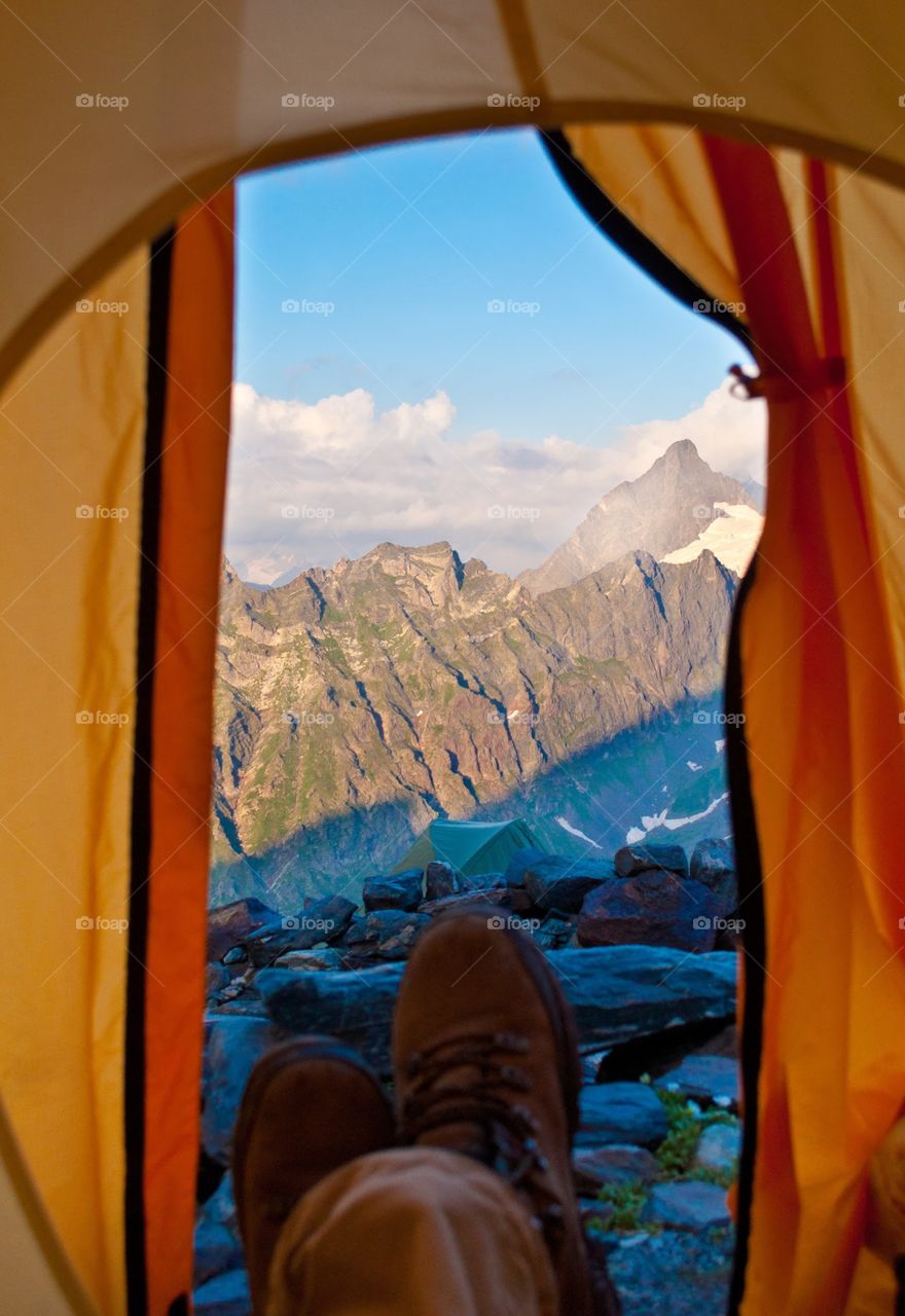 View from the tent to the mountain. Early morning.