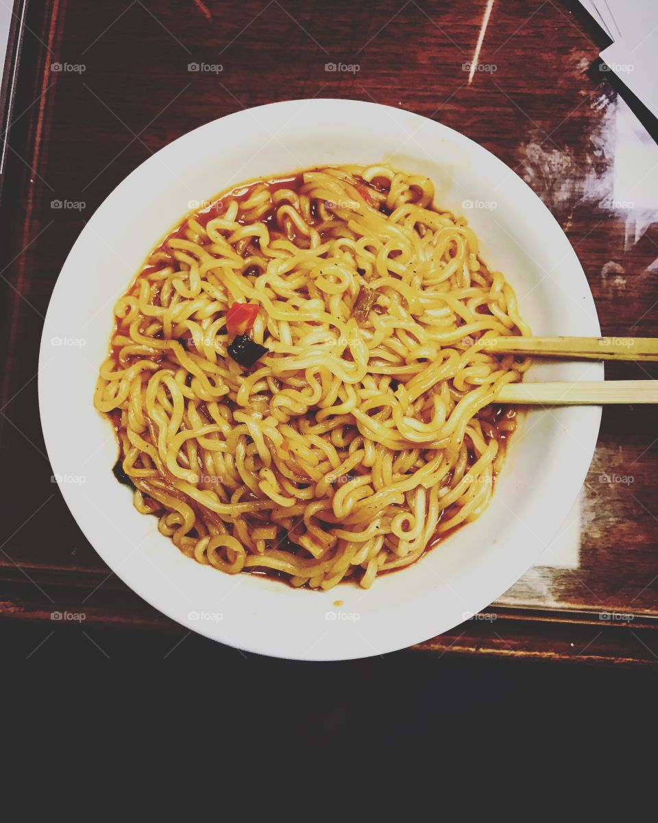 Ramen noodle. Top view. Top taste. 