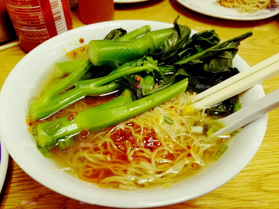 Noodle soup with Chinese broccoli. 