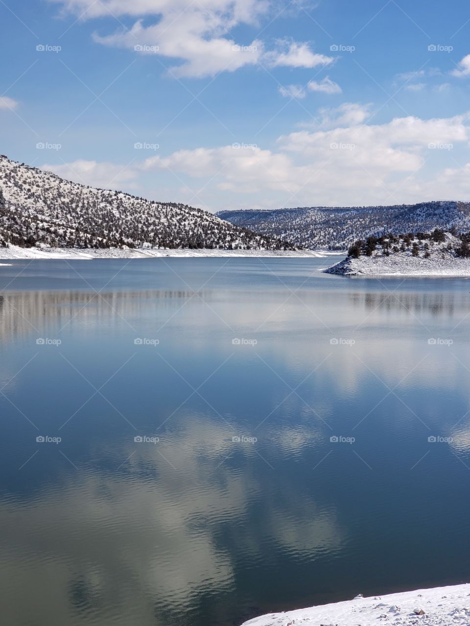 Snow covered hills, trees, clouds, and a bright blue sky reflect in the partially iced over Prineville Reservoir on a sunny winter day in Central Oregon. 