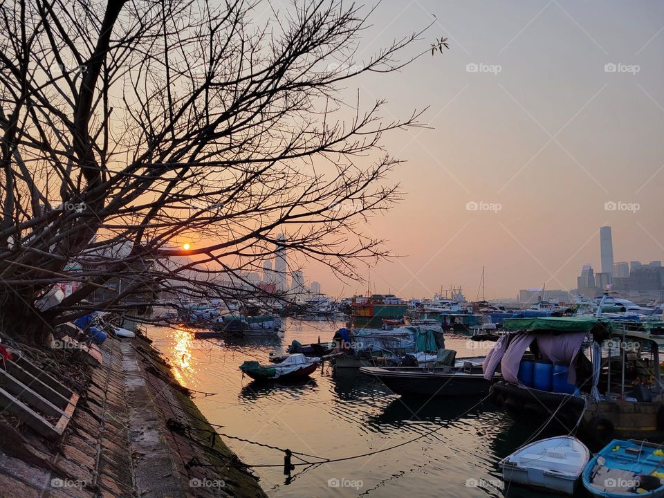 Sunset evening walk at Victoria Harbour Hong Kong