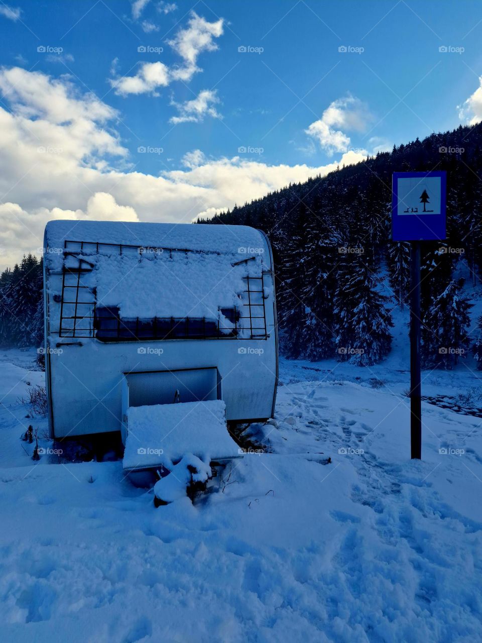 white caravan in white nature