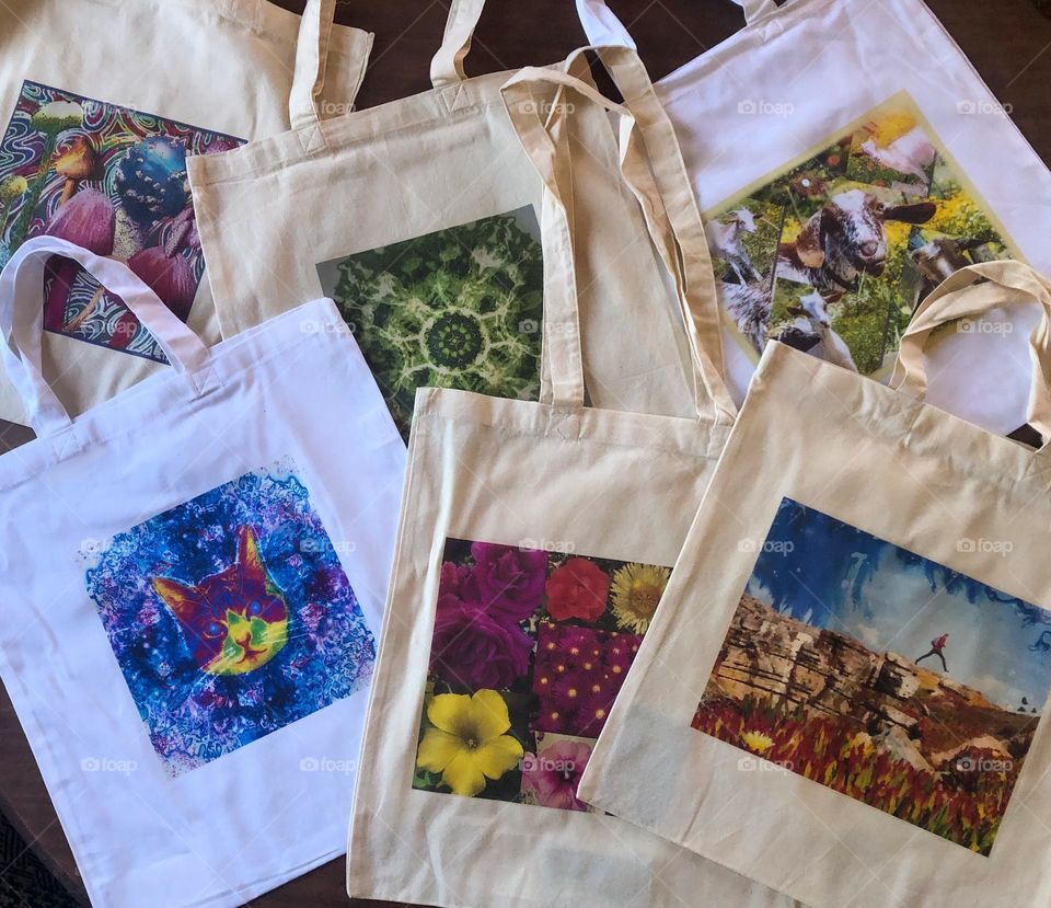 Reusable bags that I print with my own designs to sell