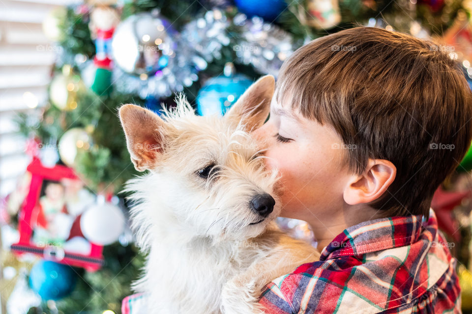 A boy and his dog at Christmas