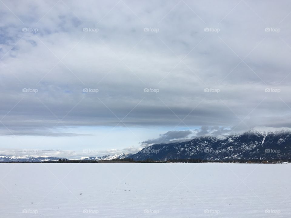 Snowy field and mountain views in Creston, MT.
