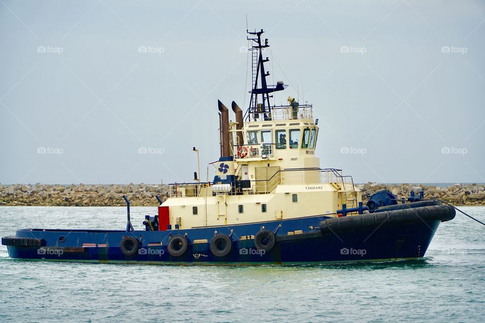 Tugboat piloting a larger container ship 