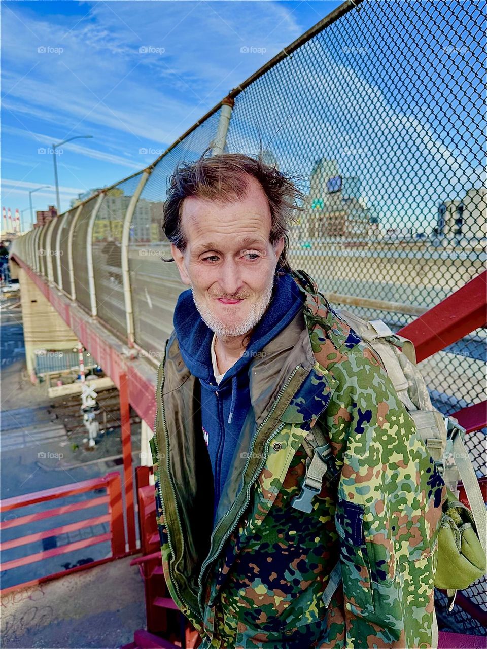 This is „Timothy Trespas“, my longtime partner and friend standing on top of the staircase of the „Pulaski Bridge“ at Newtown Creek“ on the LIC, Queens side on a sunny day in November 2023. Hypnotic Productions