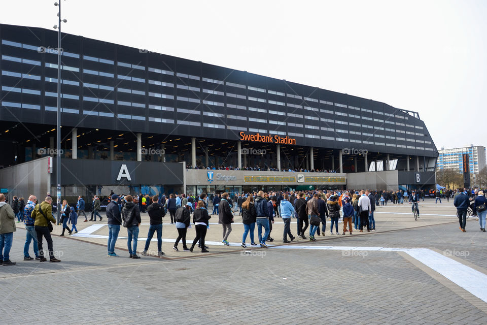 Swedbank Stadium arena in Malmö Sweden. Football game premiere with Malmö top team Malmö FF, start for the football season.