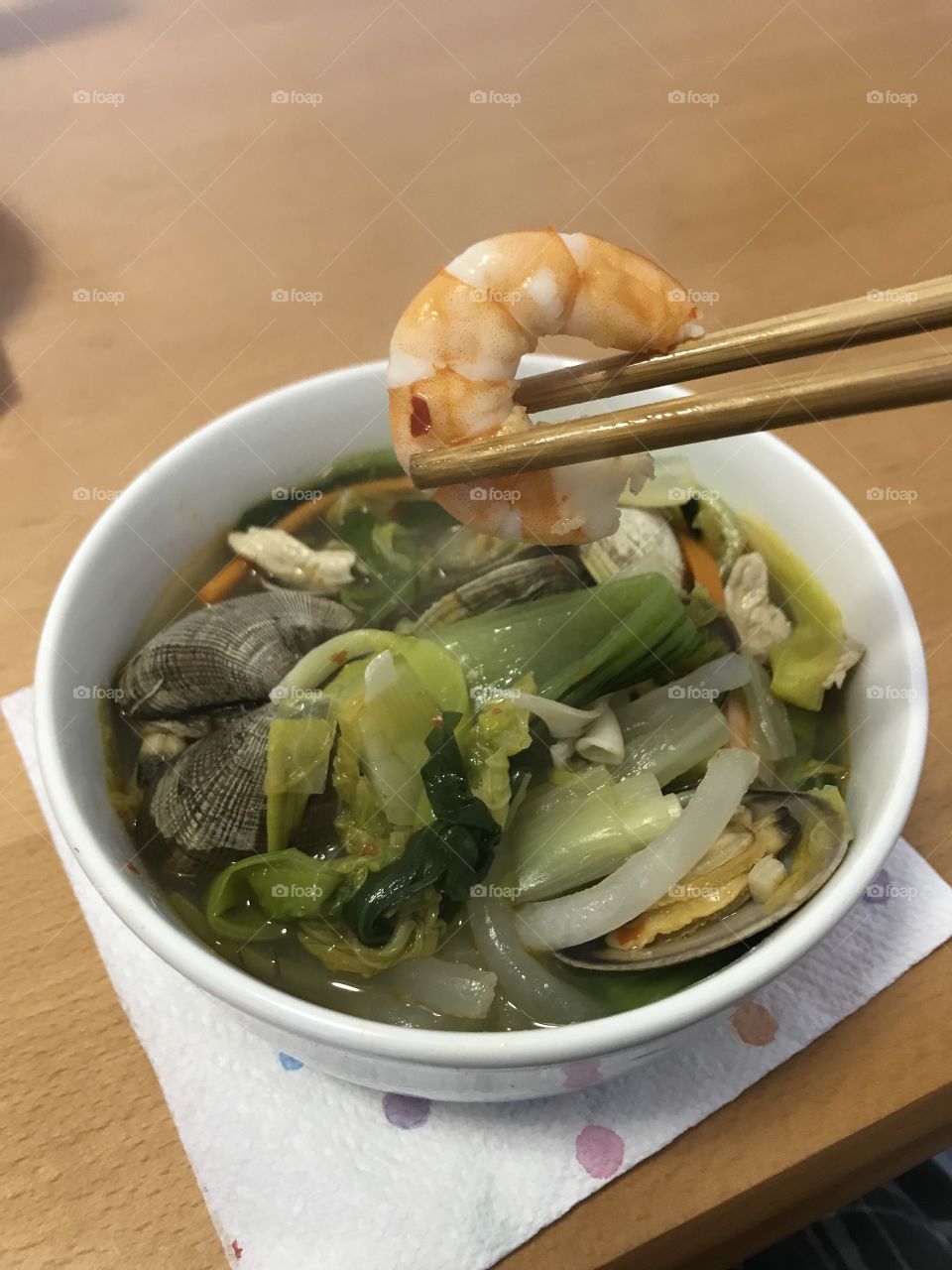 Homemade seafood noodle soup 