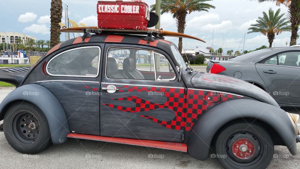 old Volkswagen, surf board and cooler