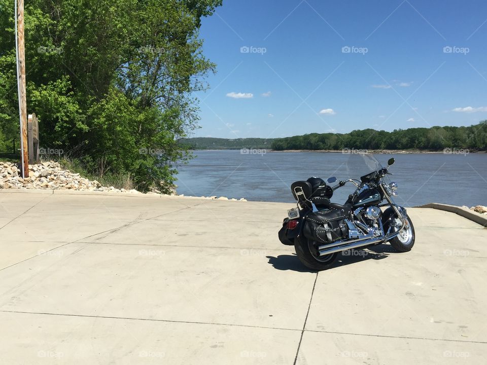 My Harley on the Missouri River. Parked my Harley on the boat dock near the River. 