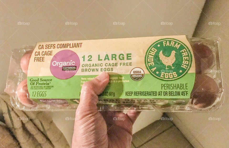 A package of organic eggs.