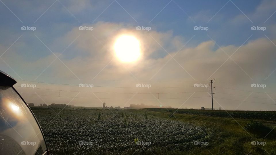 sun enlarged behind the fog over a field and Farm