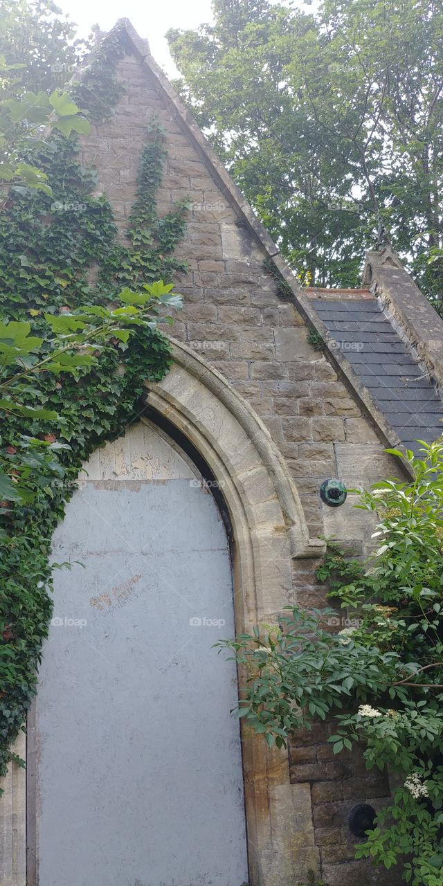 overgrown church with boarded up entrance