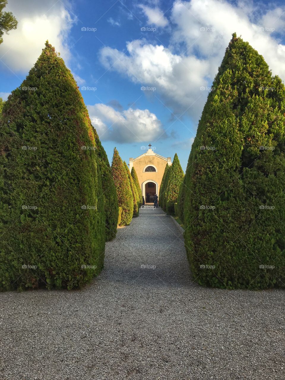 Distant view of cemetery entrance