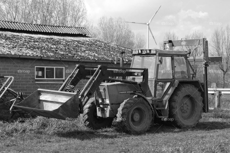 Tractor in black and white