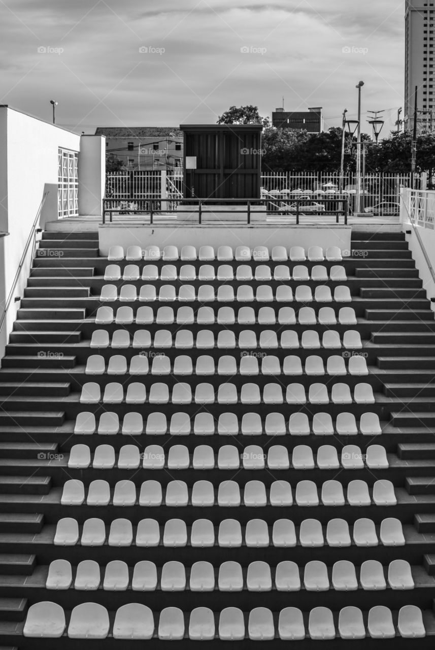 bleachers without people sitting in black and white photo. Dragão do Mar in Fortaleza, Brasil