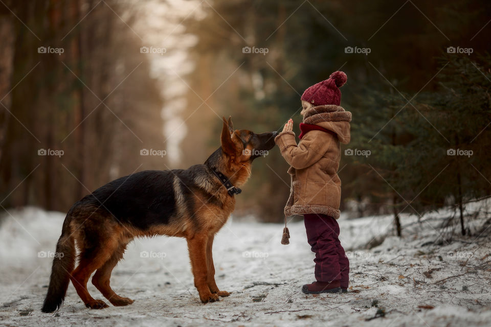 Little girl with German shepherd 6-th months puppy at early spring forest