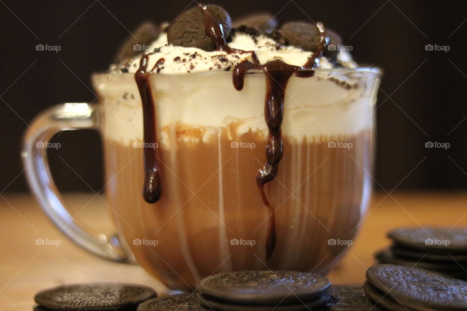 Homemade Decadent Hot Chocolate. With whip cream and sandwich cookies.