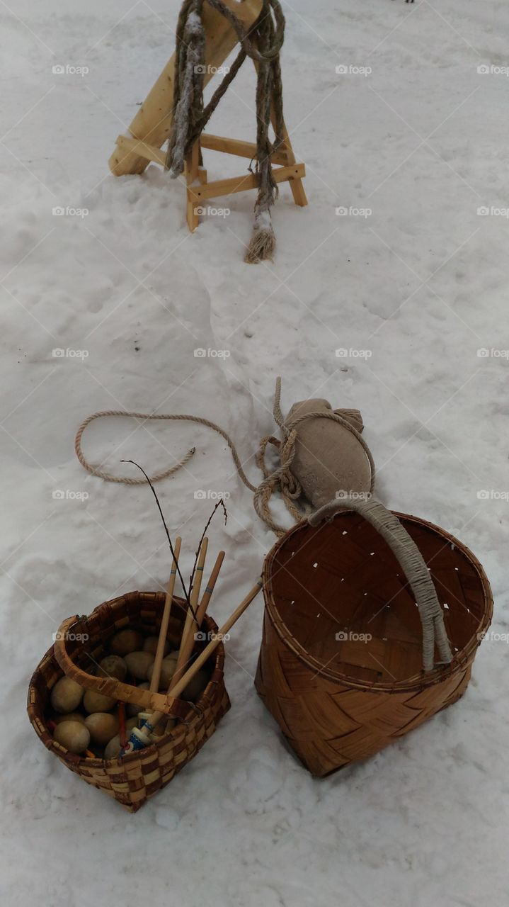 Museum of forest architecture."Malye Karelys"Arkhangelsk.Russia.baskets with antique toys.