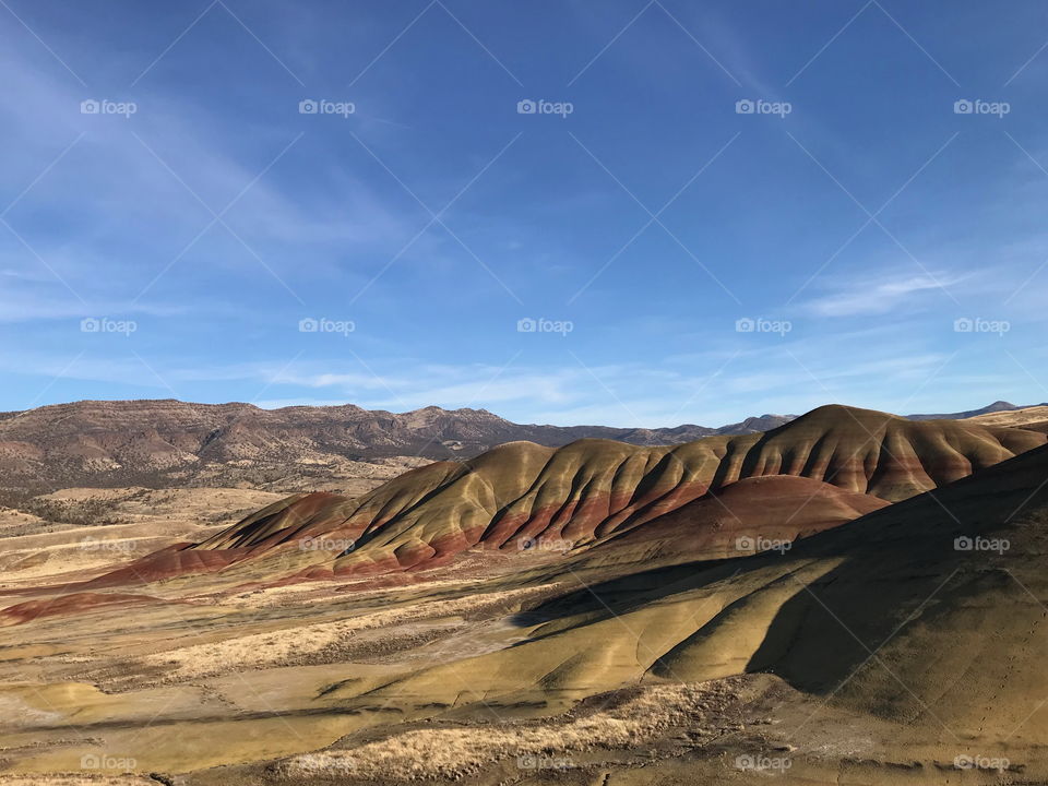 The incredible beauty of the red, gold, and browns of the textured Painted Hills in Eastern Oregon on a bright sunny day.