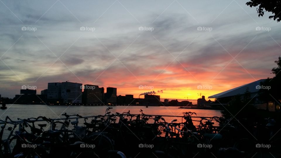 canal sunset landscape silhouette on Amsterdam