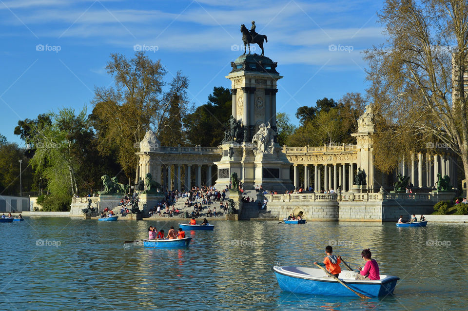 Lake at Buen Retiro Park in Madrid, Spain.