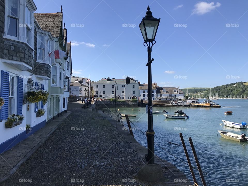 A combination of town and coast as one approaches central Dartmouth, by The coastal path.