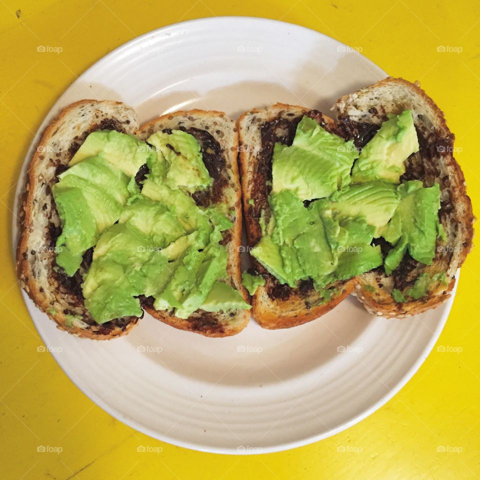 Veg Avo Toast. Vegemite and avocado on toast