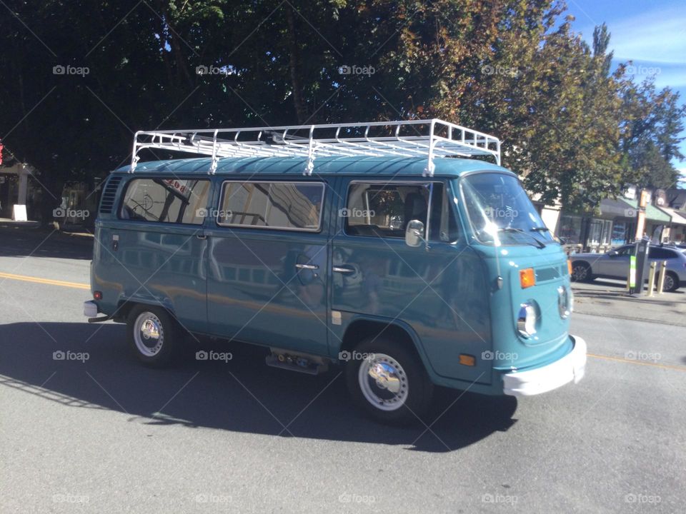 A Blue Volkswagen Van Out For a Drive in Fort Langley, British Columbia, Canada 