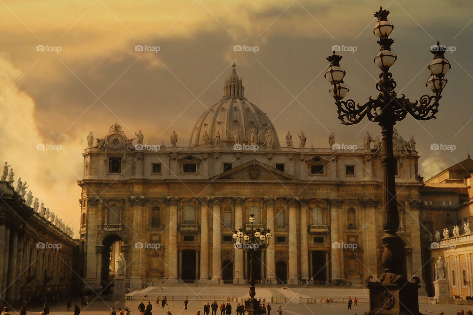 Buildings of the World. The Vatican in Rome, Italy. A film photo taken in 1993 digitized for 2020. My camera then didn’t capture the golden hour light shining through the square so some desktop features were used to amplify the light I still remember