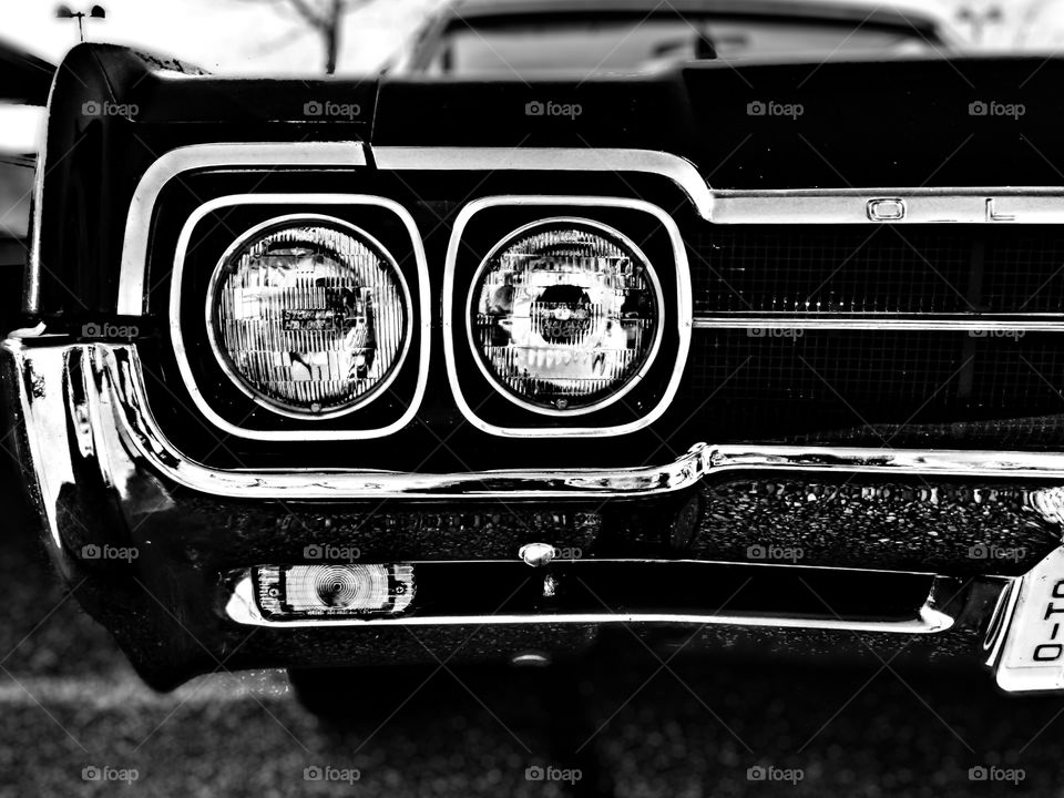 Oldsmobile Car Headlights, Classic Oldsmobile Car, Black And White Car Portrait, Car Photography, Monochrome Car Photograph, Vintage Automotive 