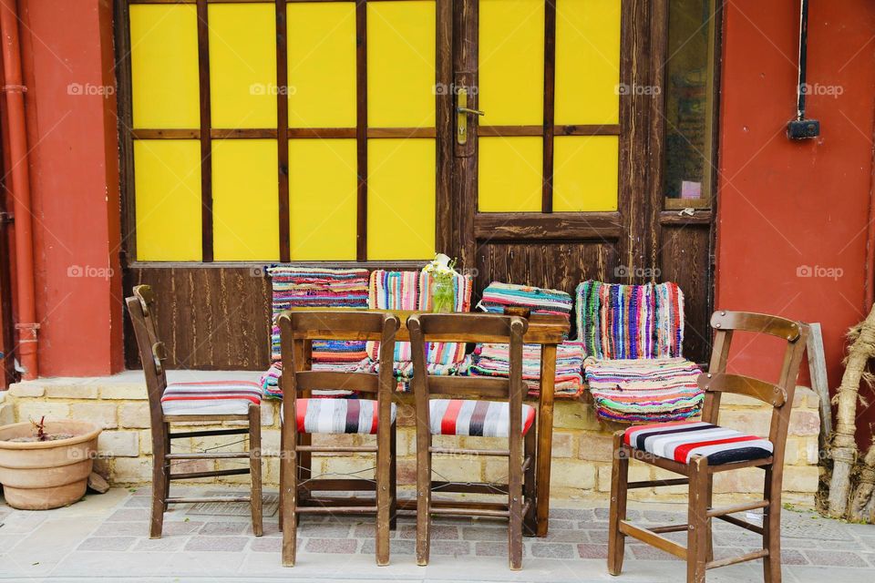 Colorful seats at a colorful cafe