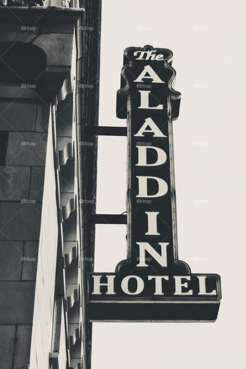 Monochrome Aladdin Hotel Sign, Kansas City Missouri, Old Hotels, Kansas City, Signs In Black And White, Hotel Signage 