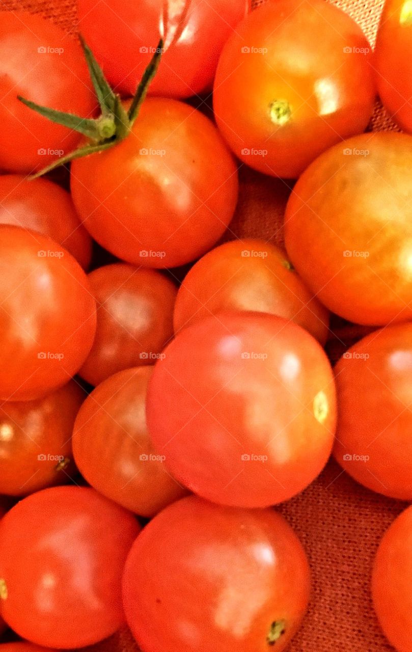 Cherry tomatoes fresh off the vine and into a bowl. Stem still on a fresh little  cherry tomato.🍅