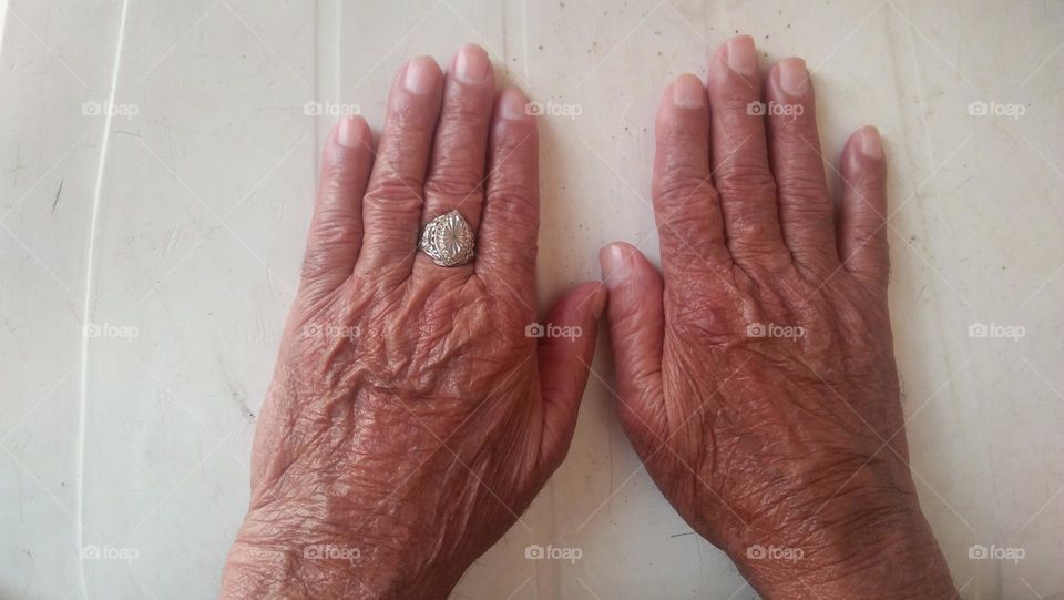 The hands of an old man who resists time and a ring in one hand.....