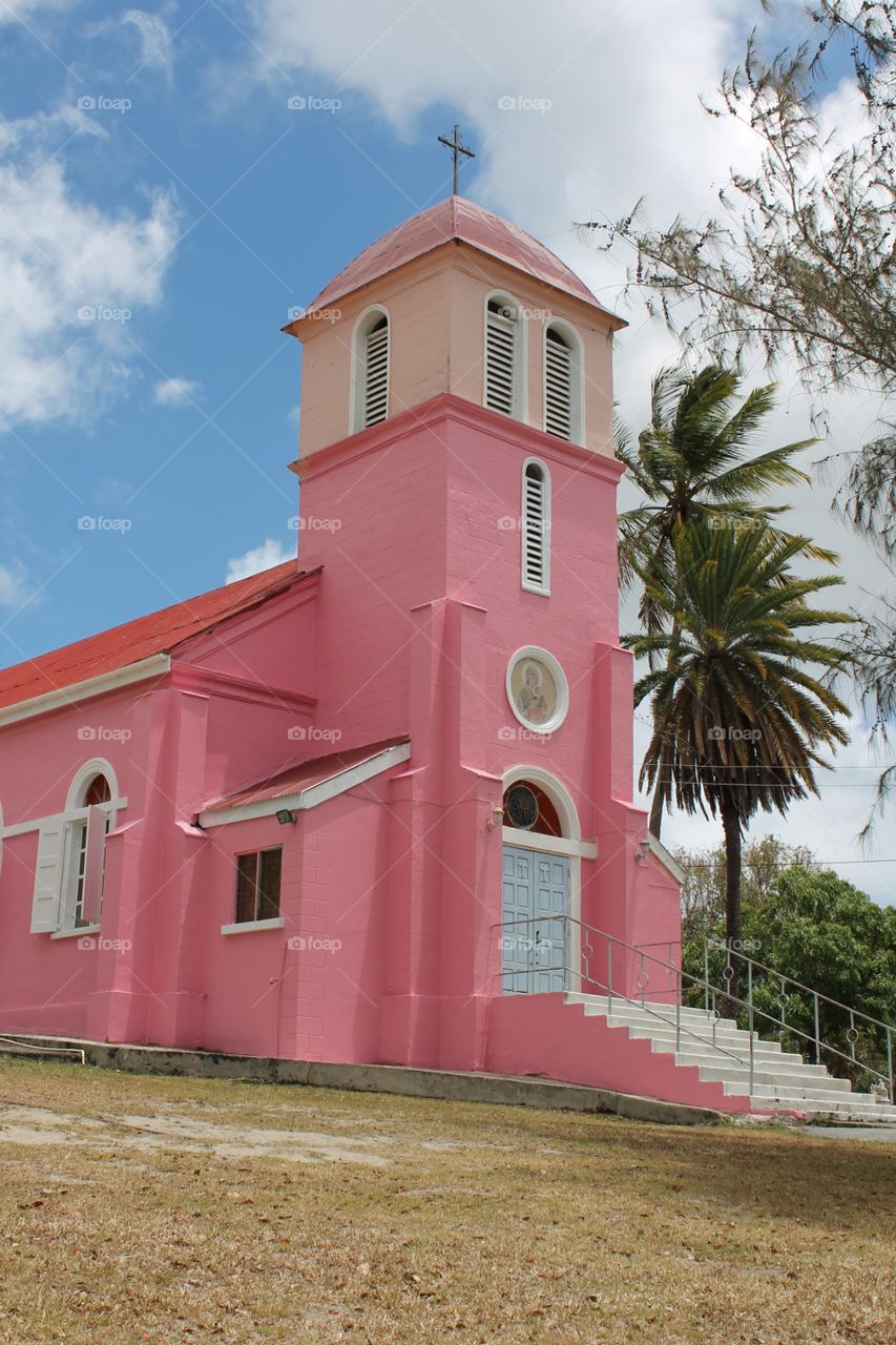 Pink church chapel palm tree Antigua
