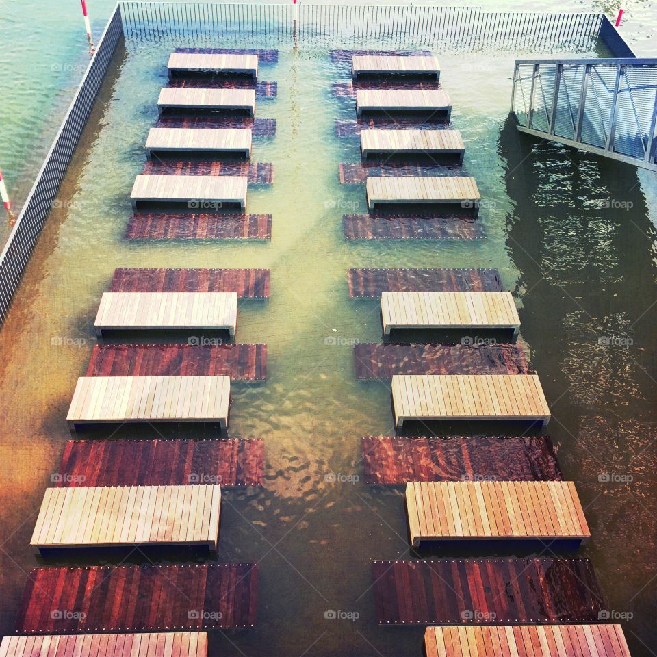 High watet. Flooded terrace in the Media Harbour Düsseldorf 