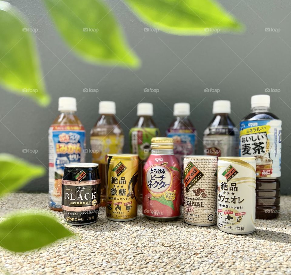 Drinks from japan in different flavours - coffee, tea and juices 