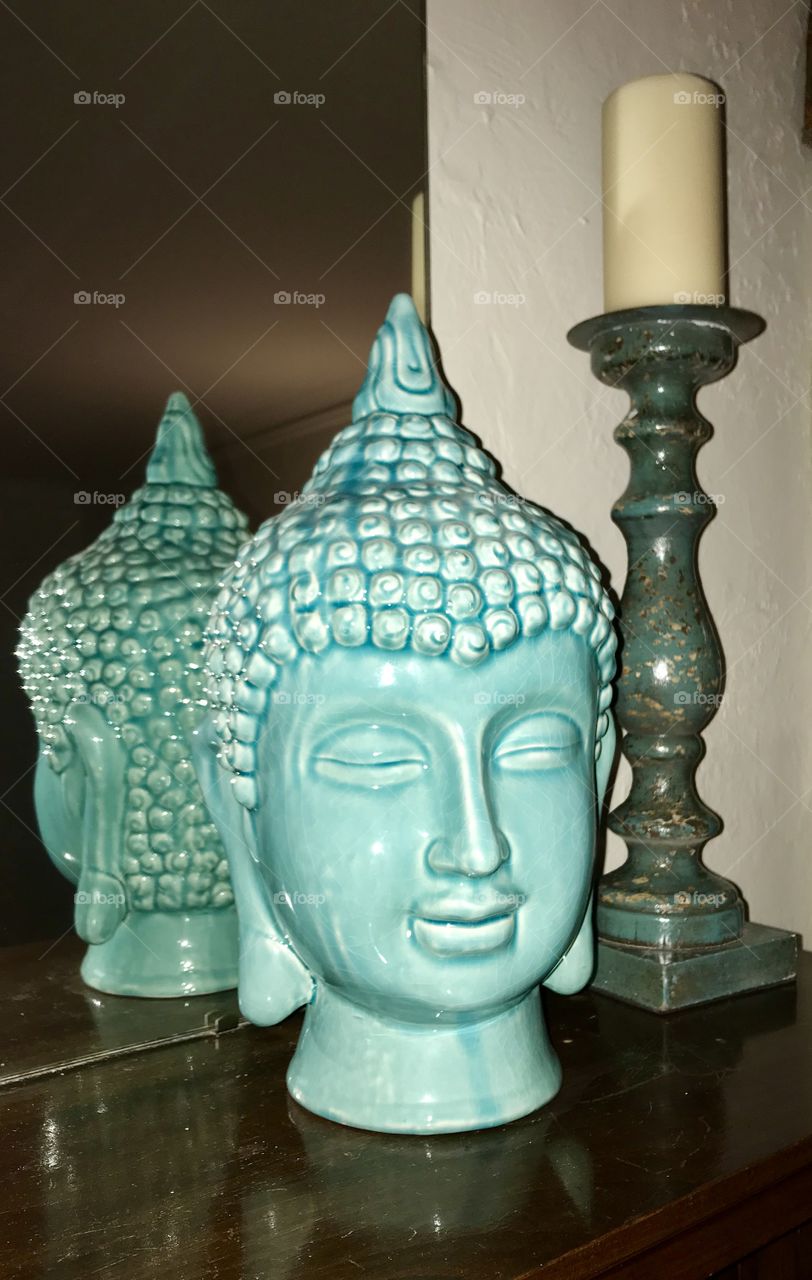 Tibetan art head statue and turquoise candlestick holder decor  