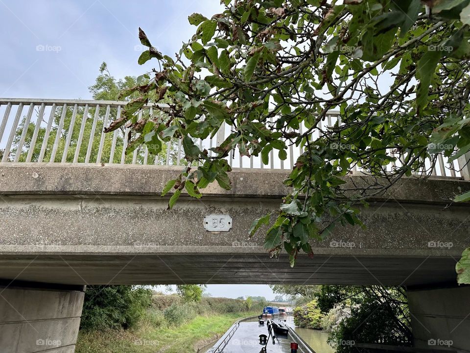 Bridge 85 on Oxford Canal near Rugby England view from narrowboat cruise with tree branch framing 